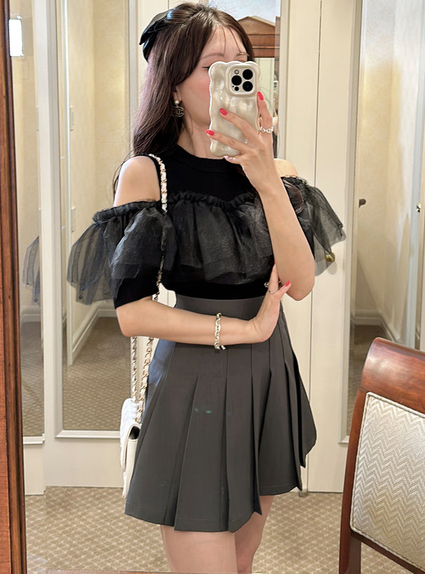 GRL 薄紗荷葉邊露肩針織上衣 2色 [TP291]