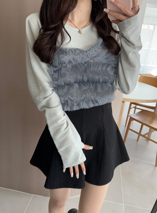 GRL 後綁帶Ruffle 薄紗 x 金銀絲上衣套裝 2色 [TP0124]