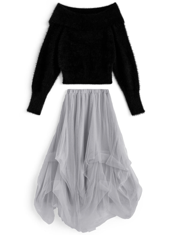 GRL 露肩毛絨針織上衣 x 薄紗長裙套裝 4色 [OP0222]