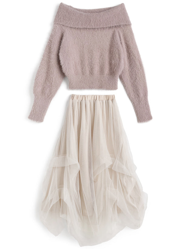 GRL 露肩毛絨針織上衣 x 薄紗長裙套裝 4色 [OP0222]