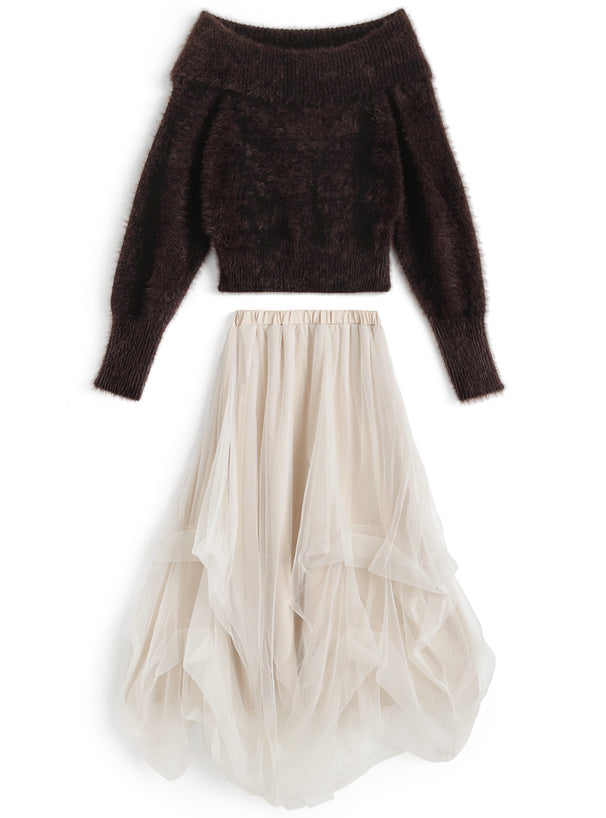GRL 露肩毛絨針織上衣 x 薄紗長裙套裝 4色 [OP0222]