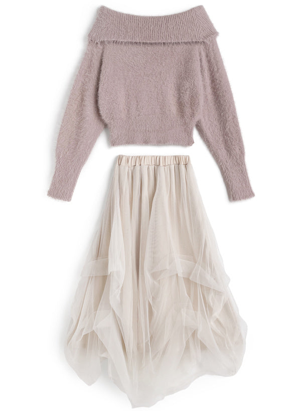 GRL 露肩毛絨針織上衣 x 薄紗長裙套裝 4色 [OP0222]