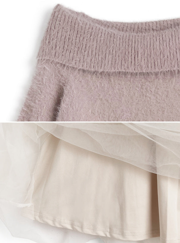 GRL 露肩毛絨針織上衣 x 薄紗長裙套裝 4色 [OP0222]