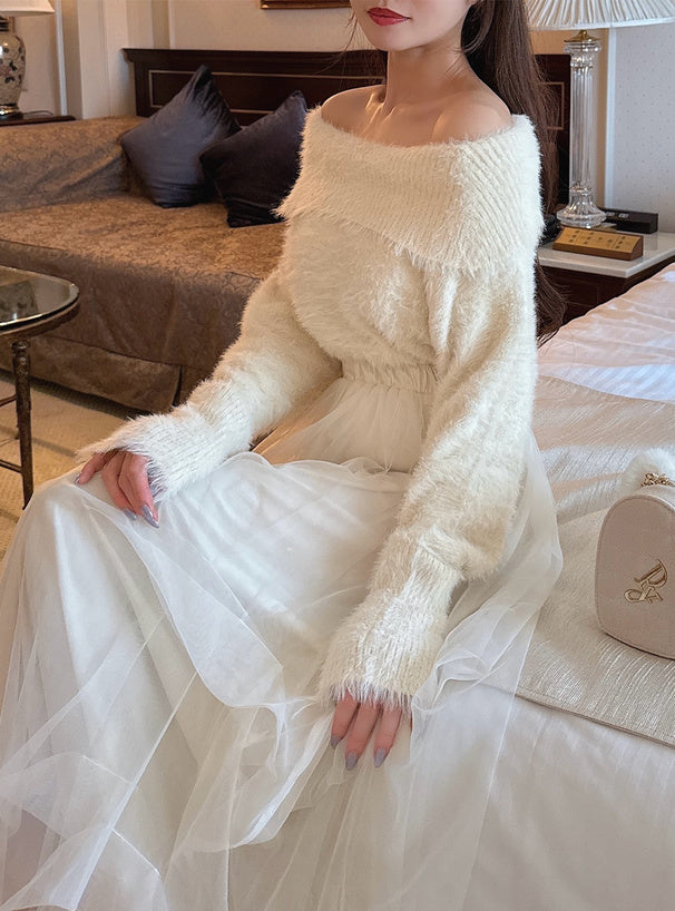 GRL 露肩毛絨針織上衣 x 薄紗長裙套裝 4色 [OP0222]