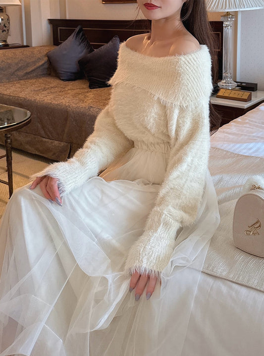 GRL 露肩毛絨針織上衣 x 薄紗長裙套裝 4色 [OP0222]