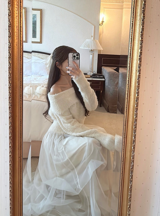 GRL 露肩毛絨針織上衣 x 薄紗長裙套裝 4色 [OP0222]