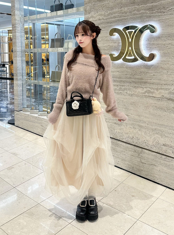 GRL 露肩毛絨針織上衣 x 薄紗長裙套裝 4色 [OP0222]