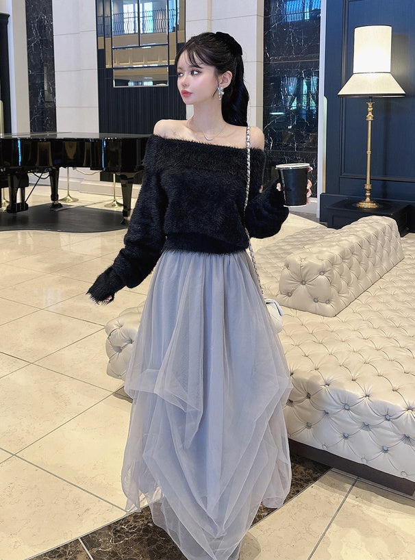 GRL 露肩毛絨針織上衣 x 薄紗長裙套裝 4色 [OP0222]