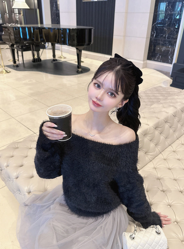 GRL 露肩毛絨針織上衣 x 薄紗長裙套裝 4色 [OP0222]