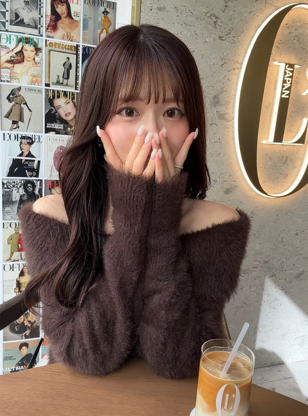 GRL 露肩毛絨針織上衣 x 薄紗長裙套裝 4色 [OP0222]