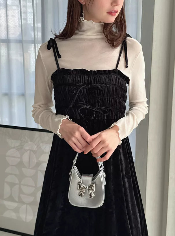 GRL 暗花絲絨蝴蝶結吊帶連身裙 2色 [OP0177]