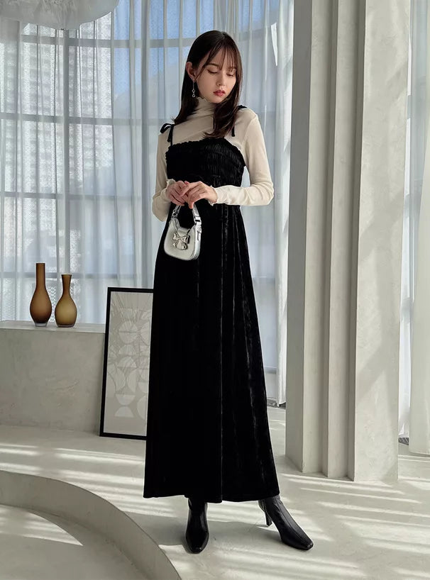 GRL 暗花絲絨蝴蝶結吊帶連身裙 2色 [OP0177]