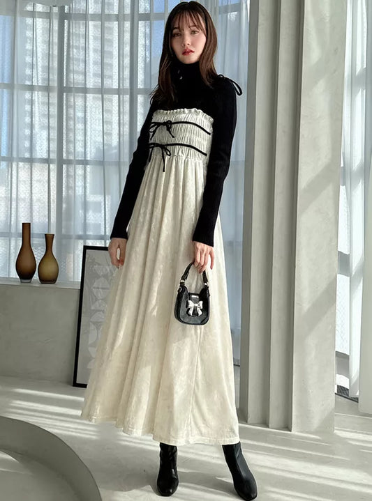 GRL 暗花絲絨蝴蝶結吊帶連身裙 2色 [OP0177]