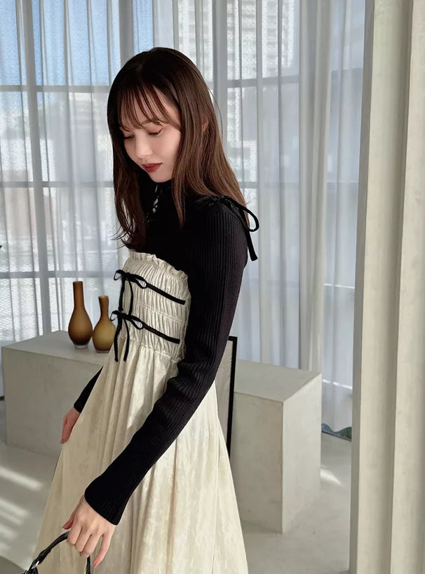 GRL 暗花絲絨蝴蝶結吊帶連身裙 2色 [OP0177]