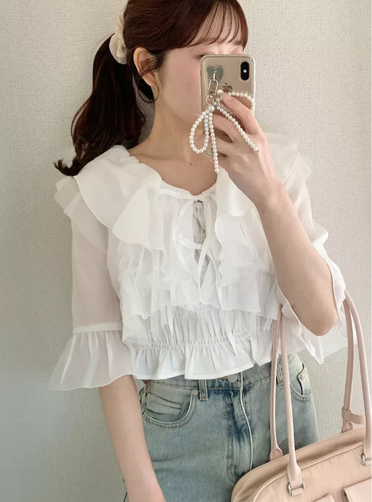 GRL 荷葉邊蝴蝶結短上衣 x 吊帶背心雪紡套裝 3色 [TP0202]