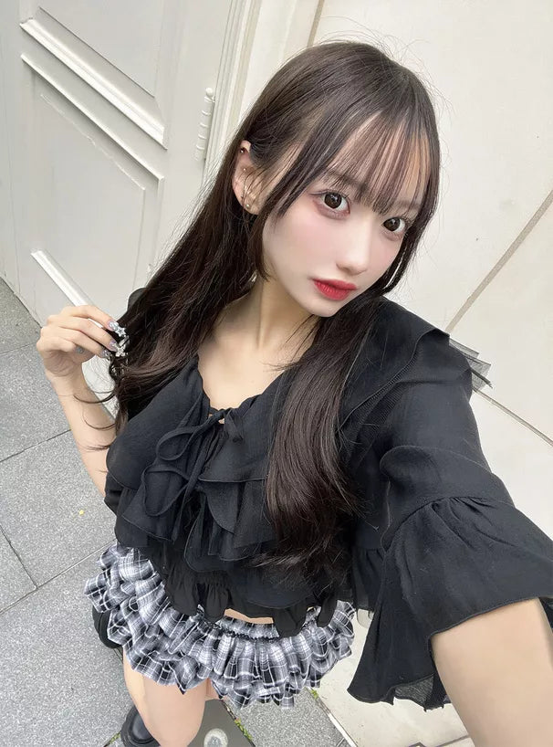 GRL 荷葉邊蝴蝶結短上衣 x 吊帶背心雪紡套裝 3色 [TP0202]