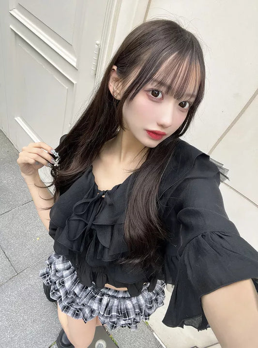 GRL 荷葉邊蝴蝶結短上衣 x 吊帶背心雪紡套裝 3色 [TP0202]