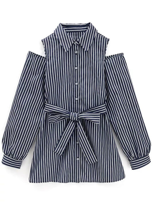 GRL 緞帶腰帶條紋露肩襯衫連身裙 [OP0184]