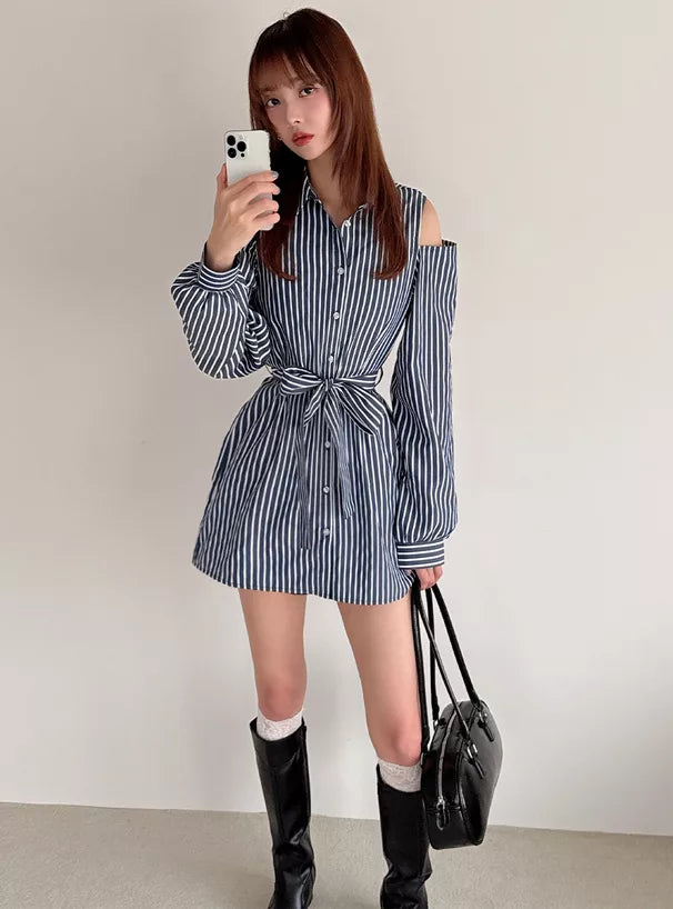 GRL 緞帶腰帶條紋露肩襯衫連身裙 [OP0184]