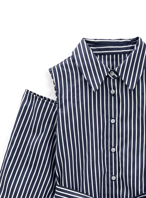 GRL 緞帶腰帶條紋露肩襯衫連身裙 [OP0184]