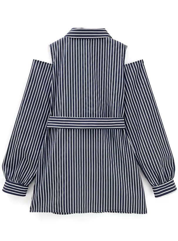 GRL 緞帶腰帶條紋露肩襯衫連身裙 [OP0184]