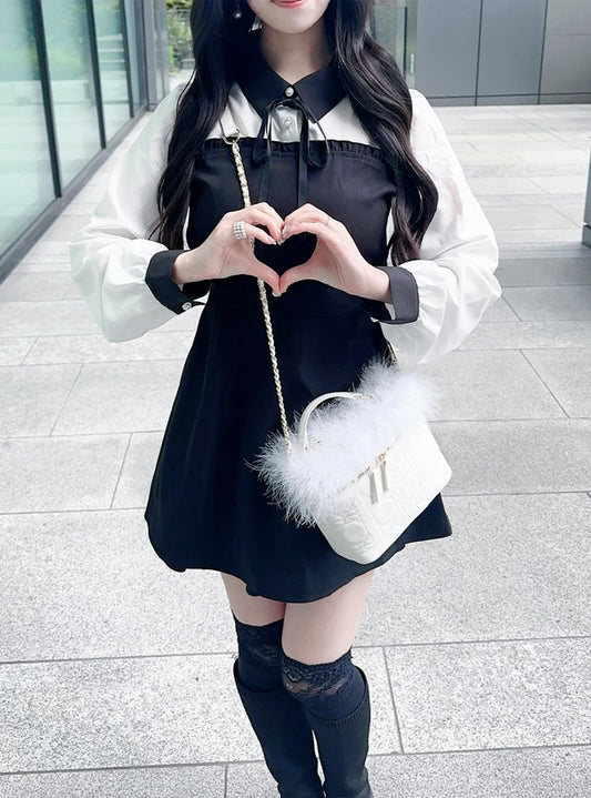 GRL 蝴蝶結拼色連身裙 [OP0219]