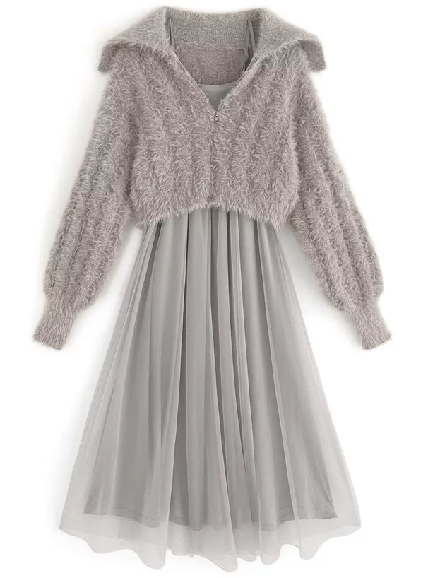 GRL 毛茸茸針織拉鍊上衣 x 薄紗連身裙套裝 [OP0134]