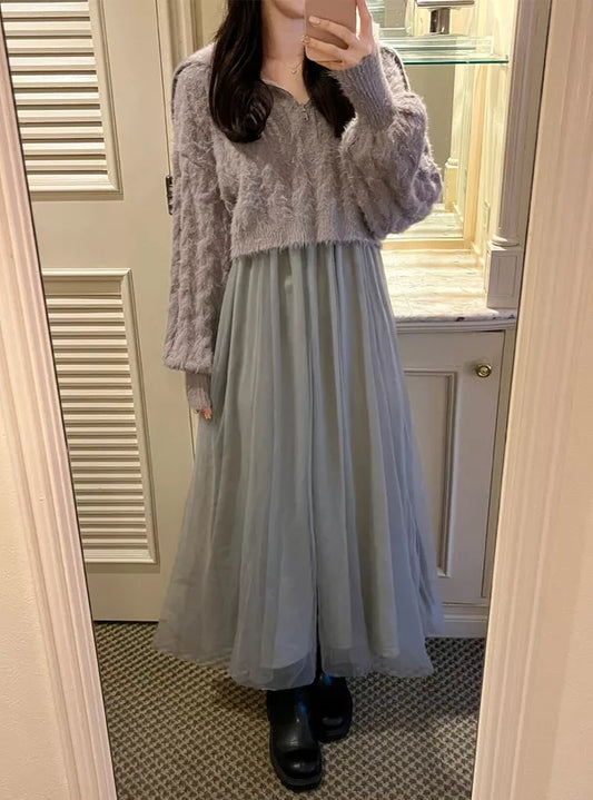 GRL 毛茸茸針織拉鍊上衣 x 薄紗連身裙套裝 [OP0134]