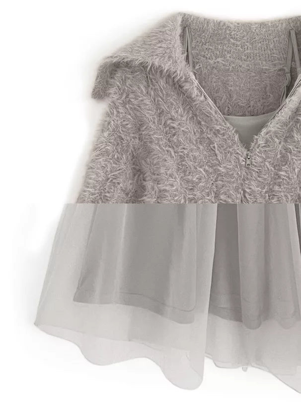 GRL 毛茸茸針織拉鍊上衣 x 薄紗連身裙套裝 [OP0134]