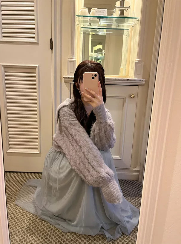 GRL 毛茸茸針織拉鍊上衣 x 薄紗連身裙套裝 [OP0134]