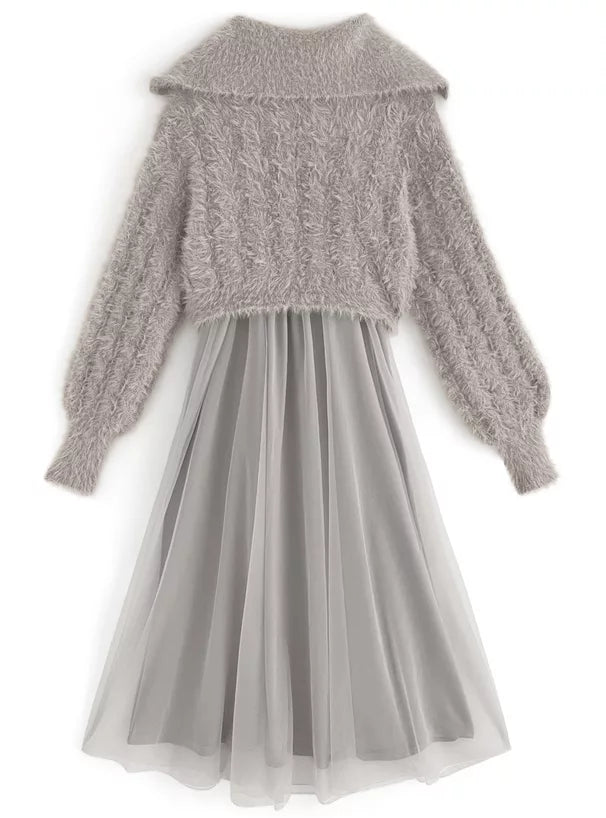 GRL 毛茸茸針織拉鍊上衣 x 薄紗連身裙套裝 [OP0134]