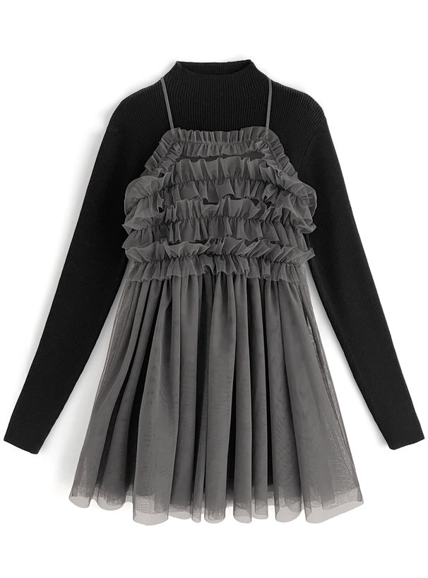 GRL Ruffle薄紗 x 針織連身裙套裝 3色 [OP0114]