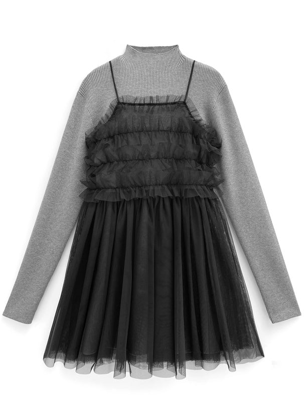 GRL Ruffle薄紗 x 針織連身裙套裝 3色 [OP0114]