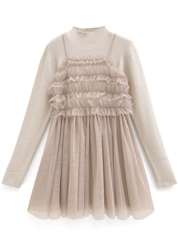 GRL Ruffle薄紗 x 針織連身裙套裝 3色 [OP0114]