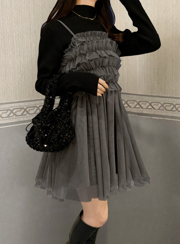 GRL Ruffle薄紗 x 針織連身裙套裝 3色 [OP0114]