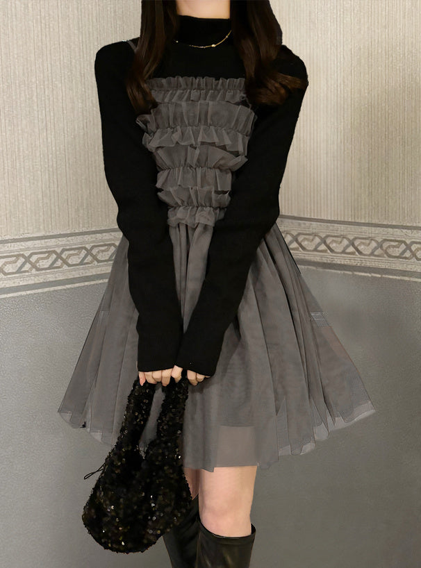 GRL Ruffle薄紗 x 針織連身裙套裝 3色 [OP0114]