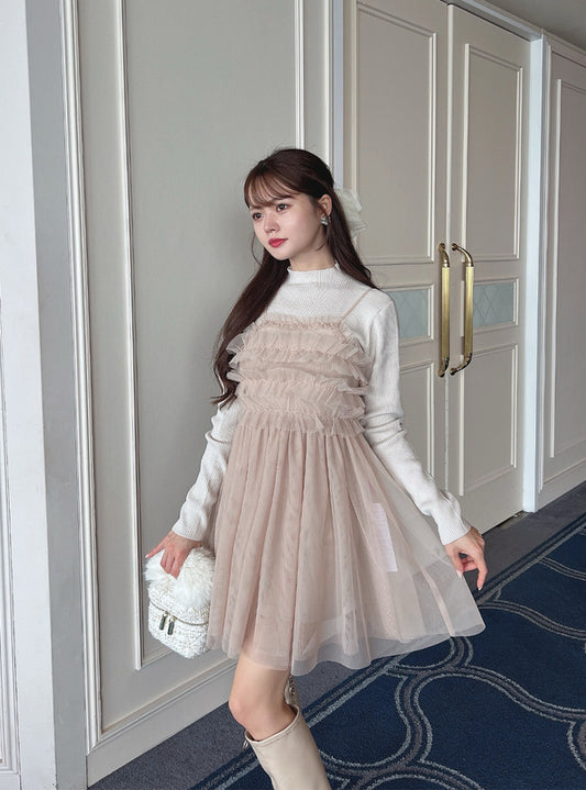 GRL Ruffle薄紗 x 針織連身裙套裝 3色 [OP0114]