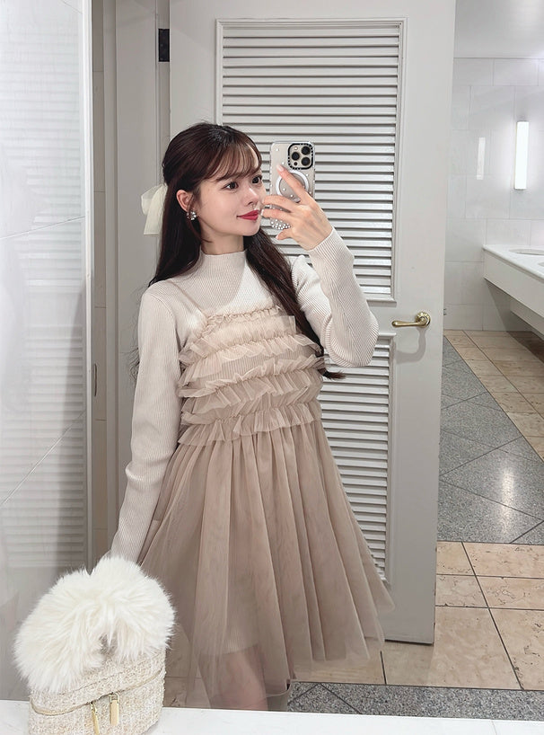 GRL Ruffle薄紗 x 針織連身裙套裝 3色 [OP0114]