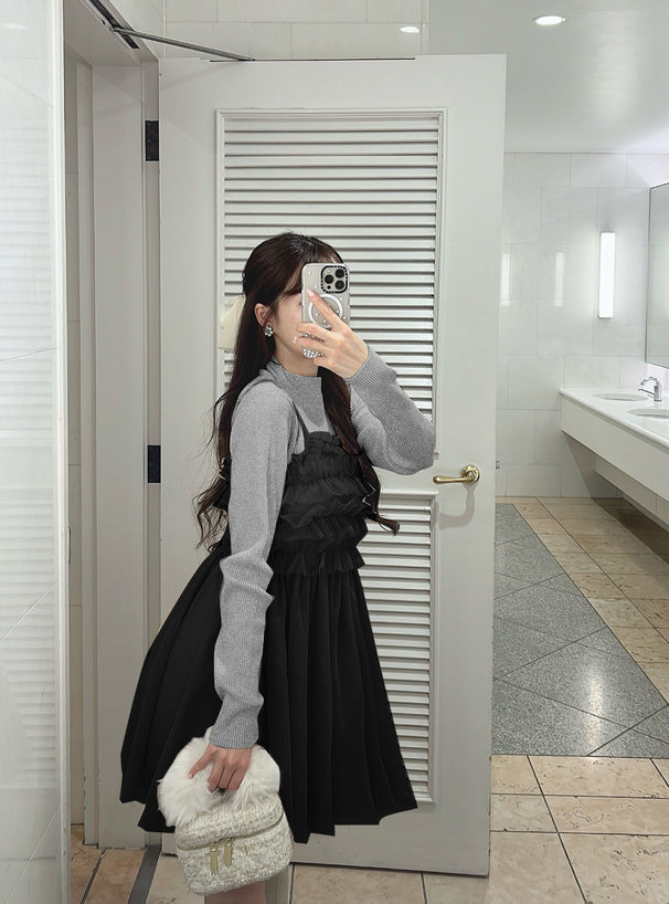 GRL Ruffle薄紗 x 針織連身裙套裝 3色 [OP0114]