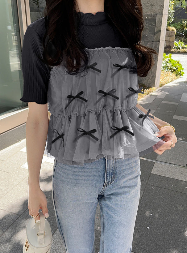 GRL 蝴蝶結薄紗拼接上衣 2色 [TP060]