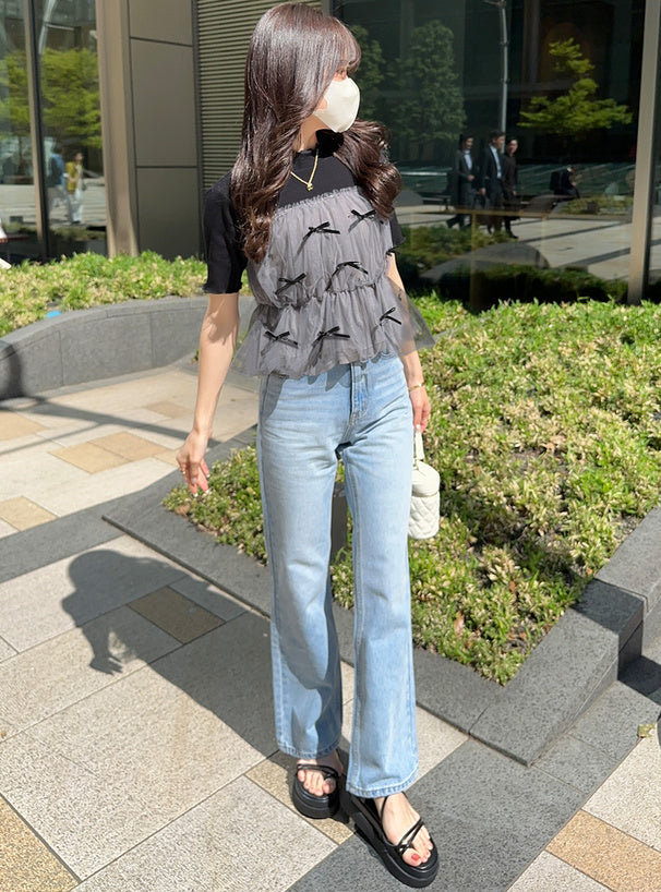 GRL 蝴蝶結薄紗拼接上衣 2色 [TP060]