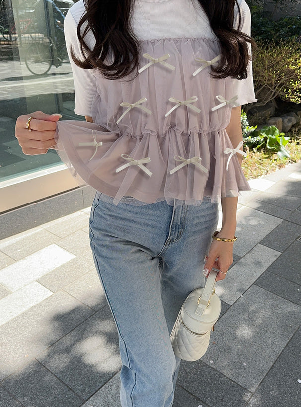 GRL 蝴蝶結薄紗拼接上衣 2色 [TP060]