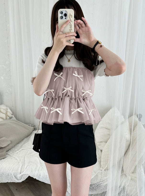 GRL 蝴蝶結薄紗拼接上衣 2色 [TP060]