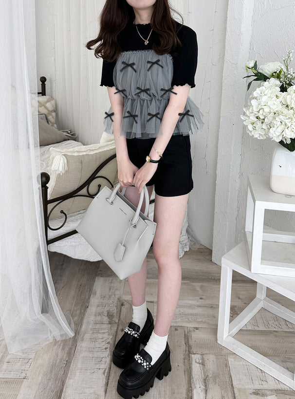 GRL 蝴蝶結薄紗拼接上衣 2色 [TP060]