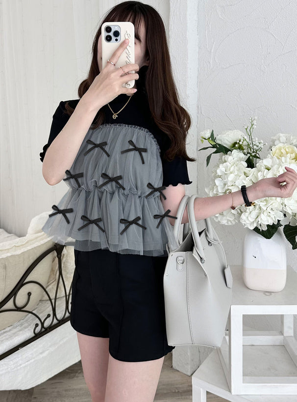 GRL 蝴蝶結薄紗拼接上衣 2色 [TP060]