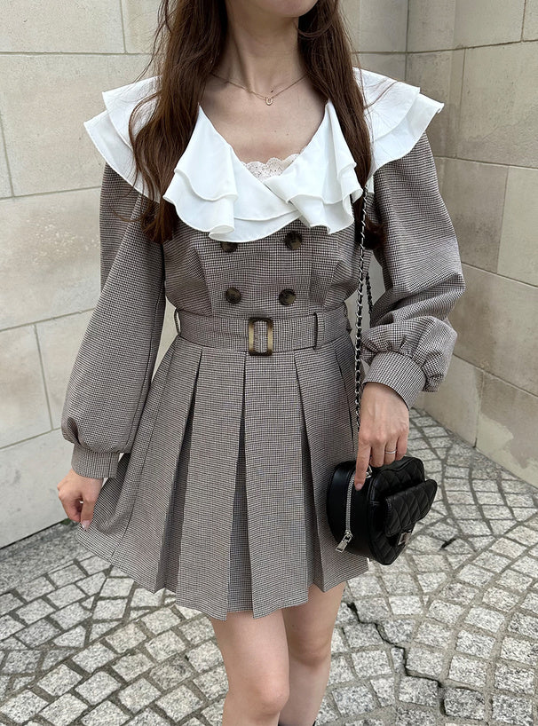 GRL 連腰帶格仔百摺連身裙 [OP154]