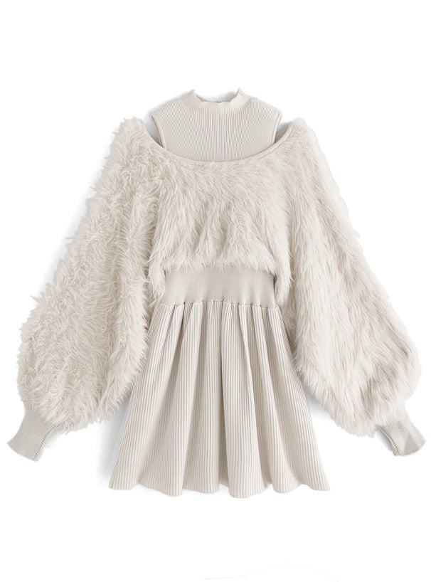 GRL 前後2way毛絨拼接織連身裙 [OP0216]