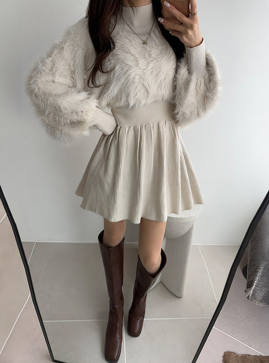 GRL 前後2way毛絨拼接織連身裙 [OP0216]