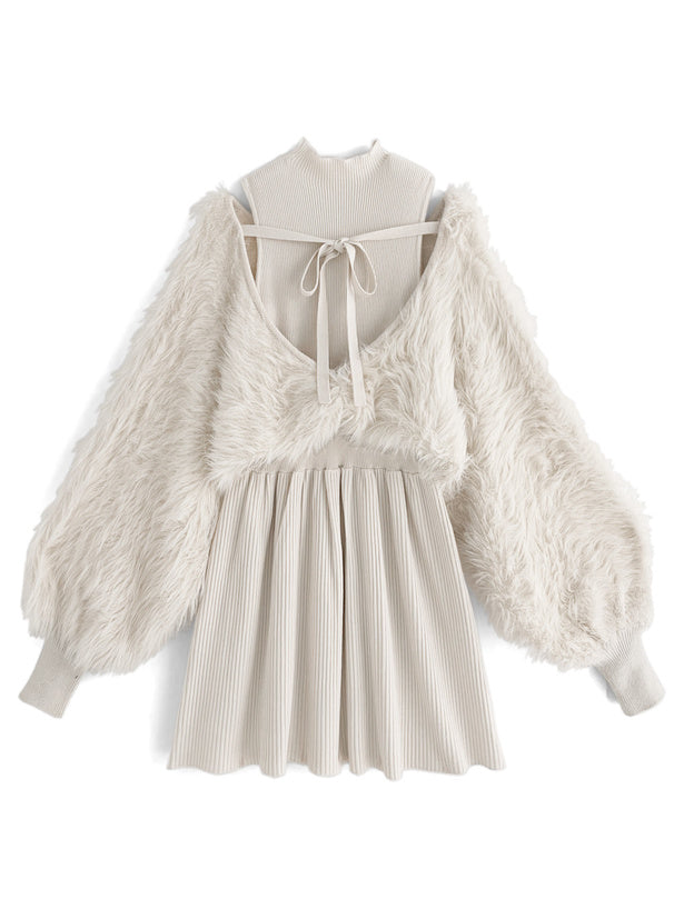 GRL 前後2way毛絨拼接織連身裙 [OP0216]