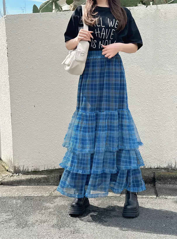 GRL Ruffle格紋薄紗半身裙 2色 [BT0197]